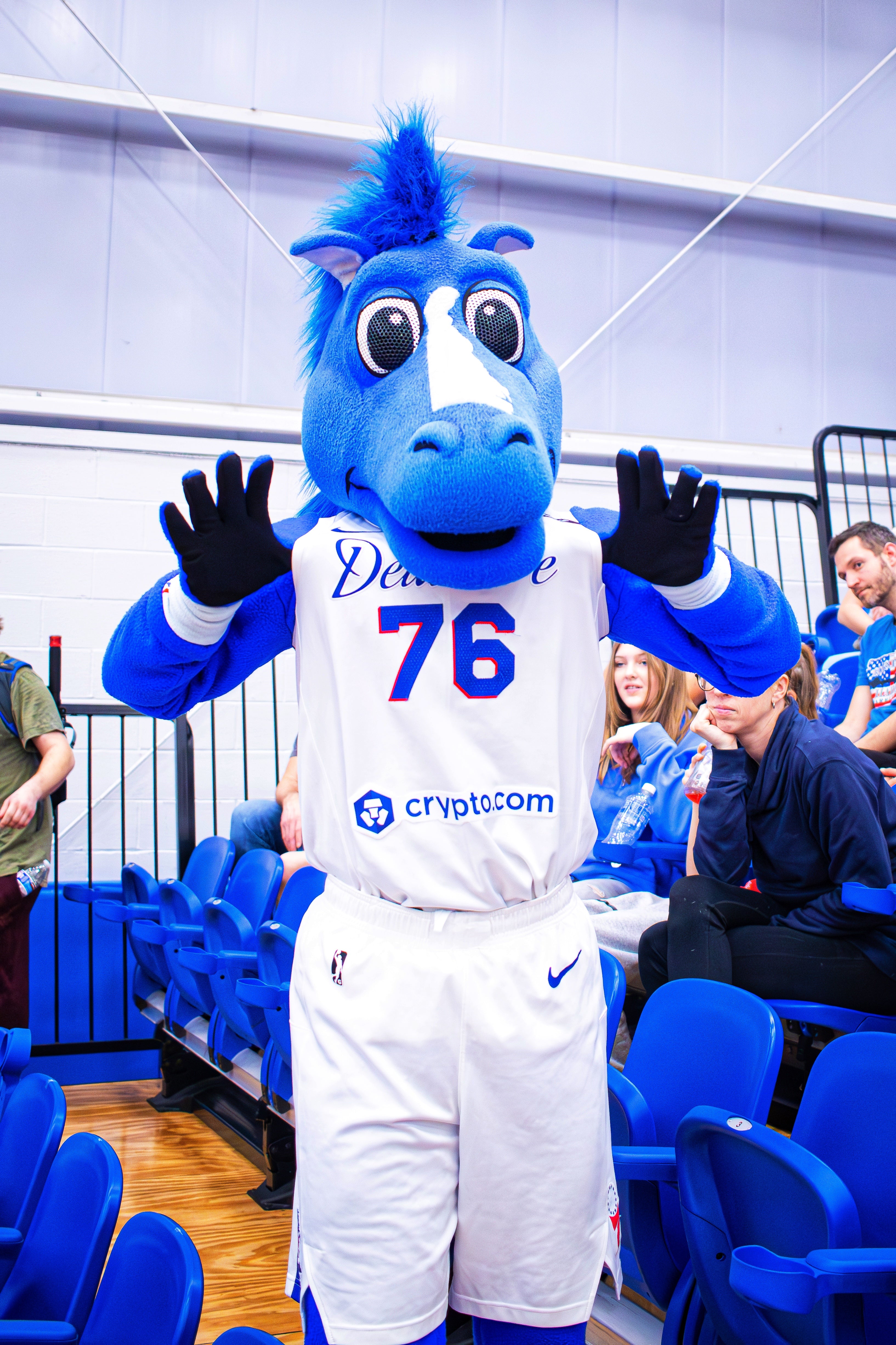 photo pf coaty the delaware blue coats mascot at he chase fielfhouse. for year two tour in wilmington delaware